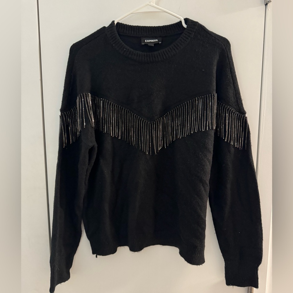 Express Black Sweater with Silver Fringe Accents